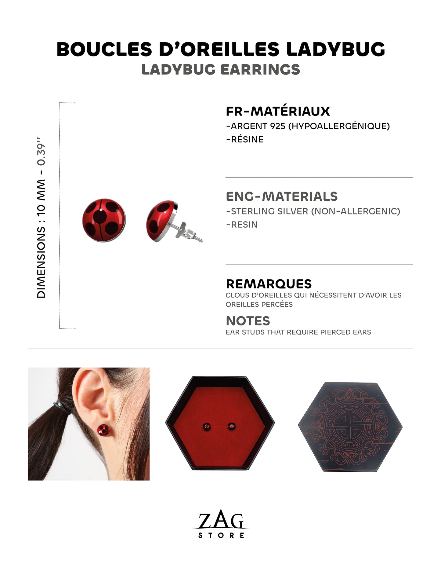 <tc>Miraculous de la Coccinelle - Boucles d'oreilles de Ladybug (Clous d'oreilles) </tc>